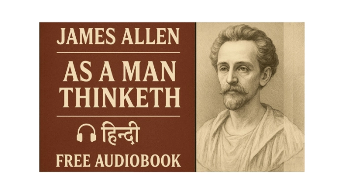 James Allen As a Man Thinketh audiobook cover in Hindi with author portrait and free audiobook label.