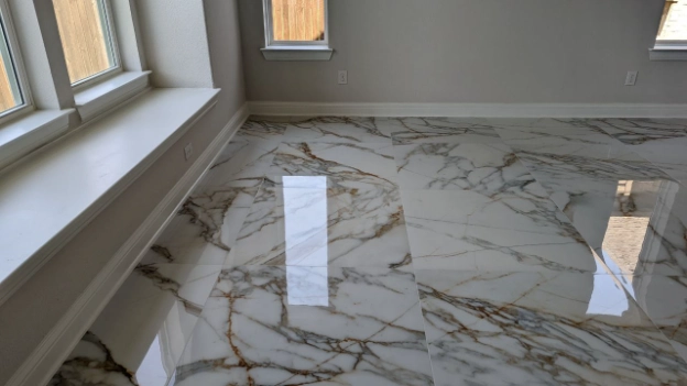 San Michelle White 32x32 Polished Porcelain Tile In A Master Bedroom