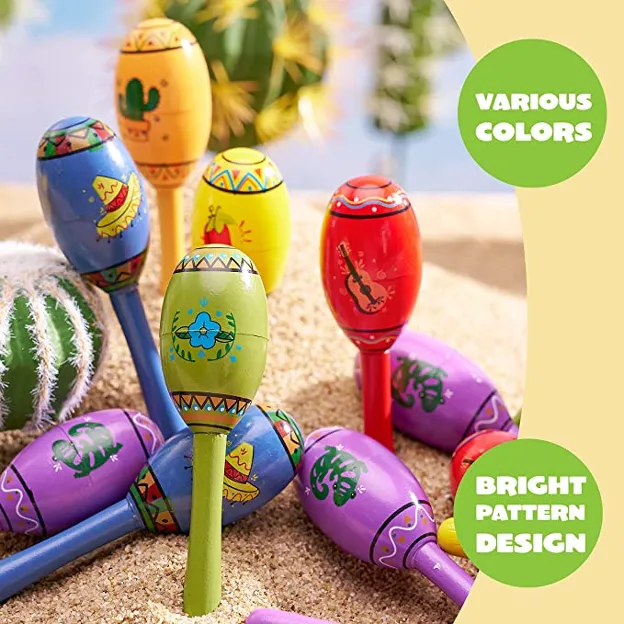 JOYIN 24 Mini Wooden Fiesta Maracas 6 Designs Noisemaker for Mexican Fiesta, Cinco De Mayo Party Favors, Musical Fun, Birthda