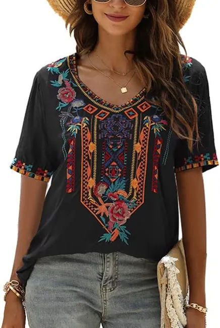 gosiea Women's Summer V Neck Boho Embroidered Mexican Peasant Shirts Tunics Blouses