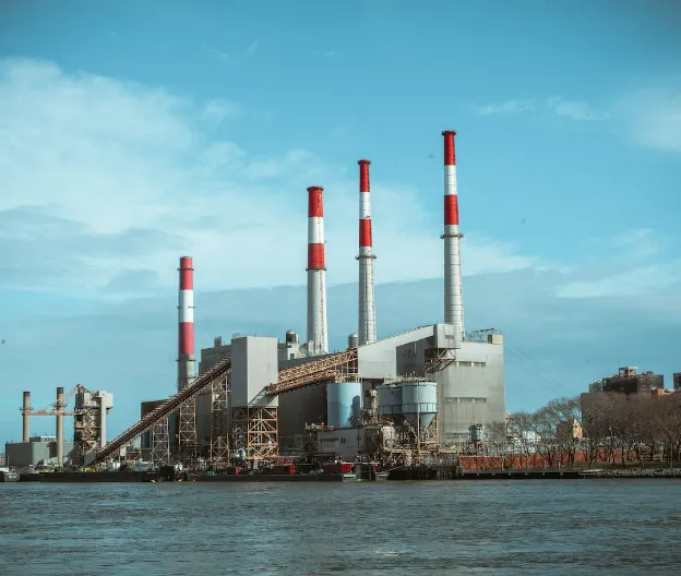 new factory with chimneys at the lake