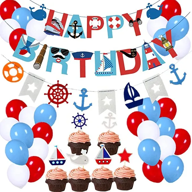 77Pcs Nautical Party Supplies for Boys Nautical Party Decorations Nautical Happy Birthday Banner Cupcake Toppers Balloons for