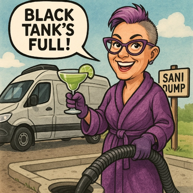 Cartoon of purple-haired van lifer at sani dump with sewer hose and margarita