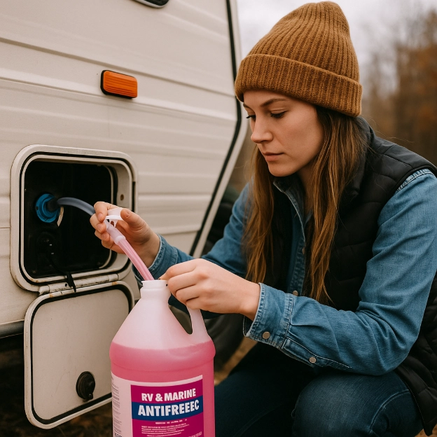 A young woman in a caramel beanie and black puffer vest winterizes her camper van by pouring pink RV antifreeze into the wate