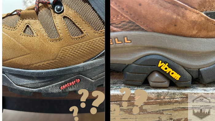 Side by side comparsion of the contagrip outsole on the Salomon Quest 4 and the Vibram outsole on the Merrell Moab 3