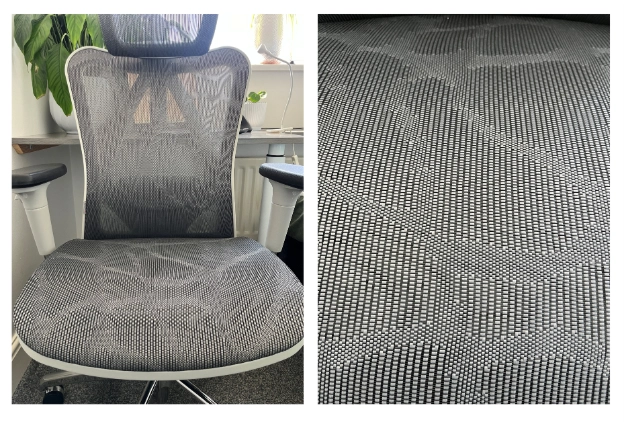 Close-up of mesh seat and backrest on SIHOO Doro C300 showing breathable design for long sitting comfort