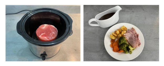 Slow cooker gammon with roast potatoes and vegetables.