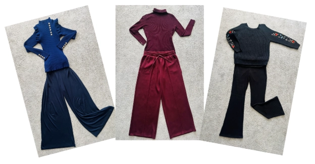 Comfy work from home clothes laid out, showing layered outfits that keep warm while still looking presentable.