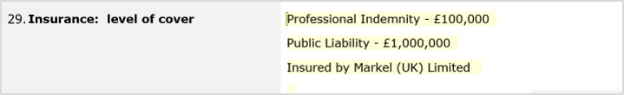 Insurance section from the Booking Form from KoffeeKlatch showing your professional indemnity & public liability insurance.