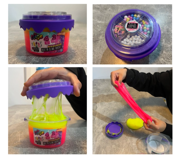 Slime in a pot being mixed and stretched by a child, a fun example of simple crafts for kids that keeps them busy for ages.