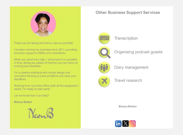 My Virtual Assistant portfolio using Flaticon icons for business support services 