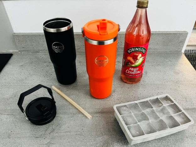 Two insulated water bottles with straw, Robinsons cordial and silicone ice cube tray on kitchen counter
