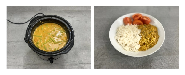 Slow cooker coconut curry served with rice.