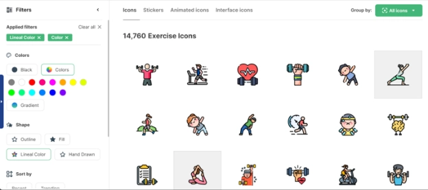 Flaticon Review screenshot showing exercise icons filtered by colour and style.