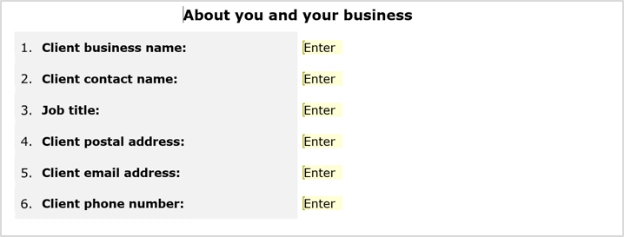 About you and your business section from the Booking Form from KoffeeKlatch showing fields for client name, contact details a