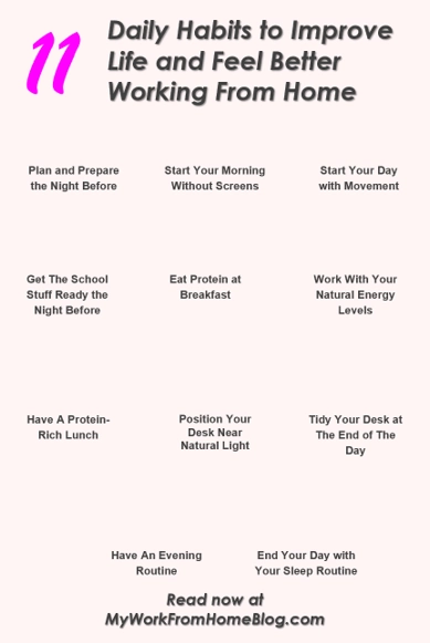 Graphic listing 11 daily habits to improve life and feel better while working from home.