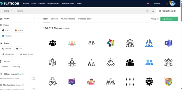 Flaticon search results showing team icons for use in PowerPoint presentations, proposals and social media content design.