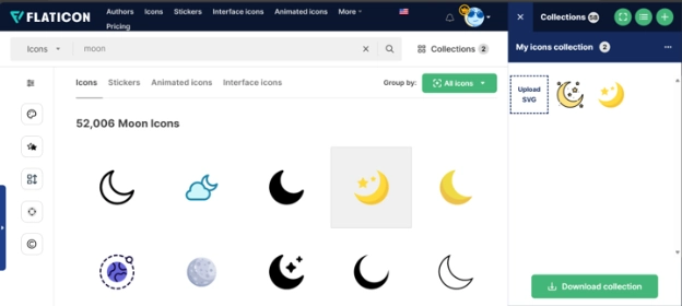 Flaticon Review screenshot showing moon icons and how to download icons from Flaticon for virtual assistant design work.