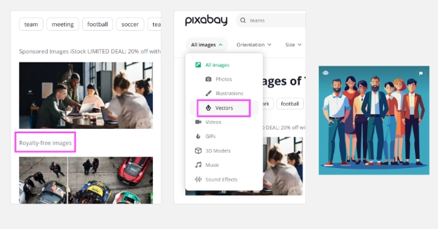 Pixabay royalty-free image search with ‘teams’ keyword, highlighting vector filter and image options for content creators.