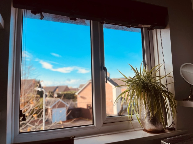View from home office window on sunny November day, blue sky and rooftops boosting work from home mood.