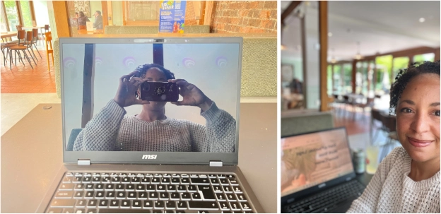 MSI gaming laptop screen comparison showing reflection when turned off and clear visibility when in use in a coffee shop.