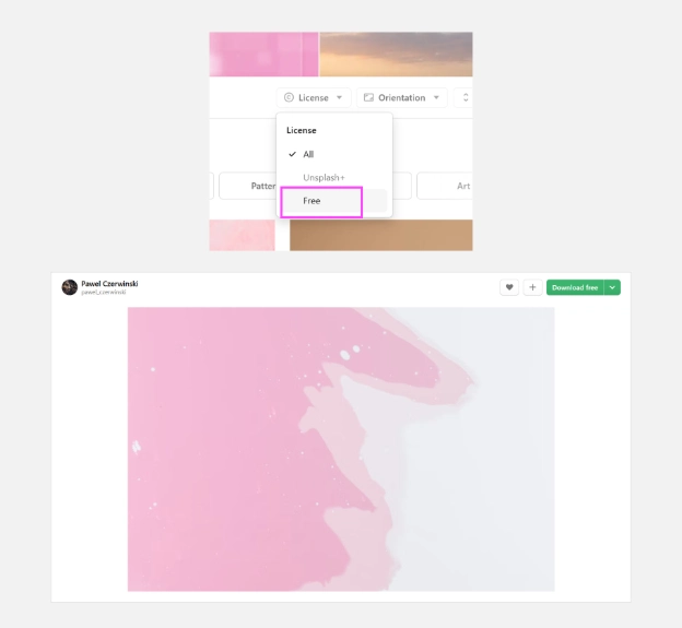 Example of downloading free stock photo from Unsplash for social media design, filtered by licence to exclude Unsplash+.