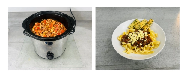 Slow cooker bolognese served with pasta and garlic bread.