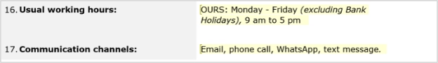 Usual working hours and communication channels section from the Booking Form from KoffeeKlatch showing your availability.