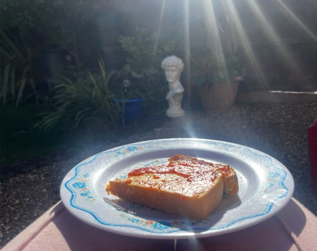 Eating breakfast outside in natural light while working from home