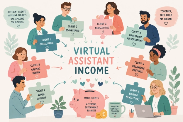 Virtual Assistant business with multiple clients building a sustainable Virtual Assistant income.