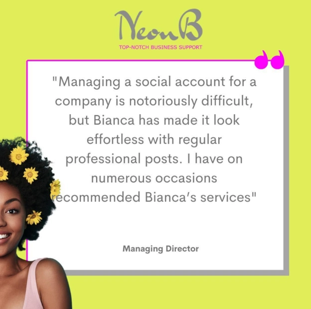 Virtual Assistant testimonial for social media management by NeonB, shared on LinkedIn.