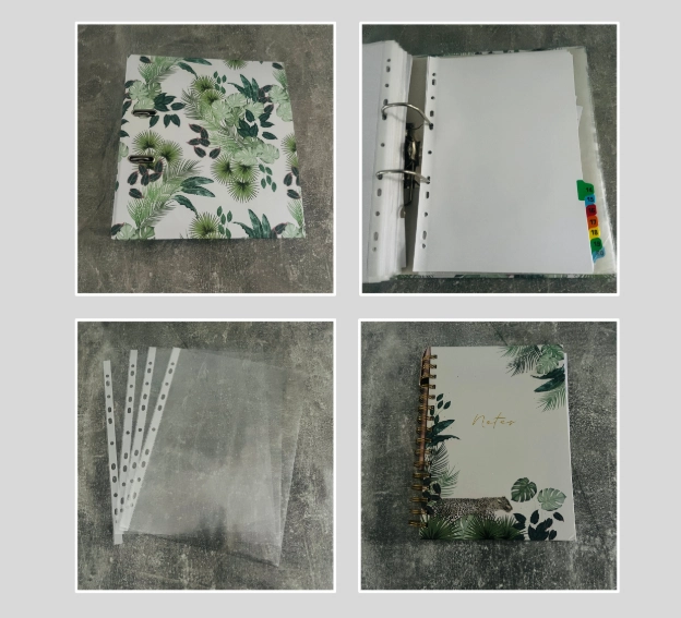 Tropical themed binder, plastic wallets and notebook used for paper organisation in home office