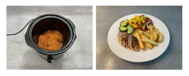 Slow cooker chicken served with chips and salad.