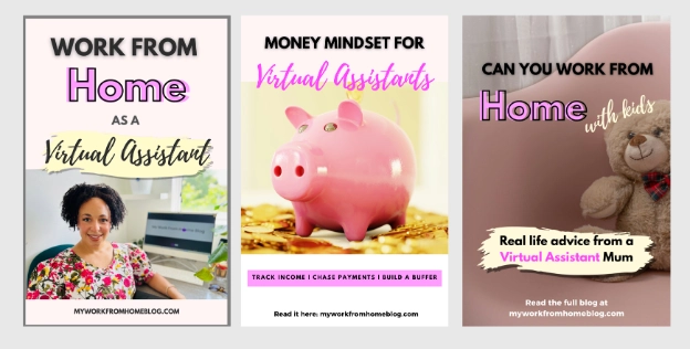 Pinterest graphics for blog posts about working from home as a virtual assistant, designed with help from ChatGPT.