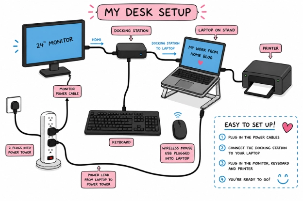 Dual monitor setup diagram for a work from home office