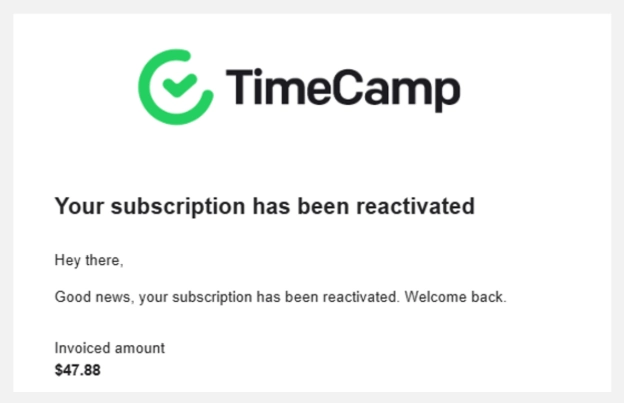 TimeCamp Starter plan annual subscription confirmation showing a payment of $47.88.