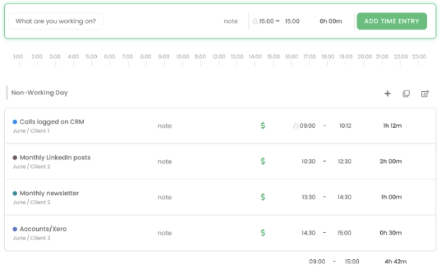 TimeCamp timesheet showing time tracking for freelancers, client work and billable hours.