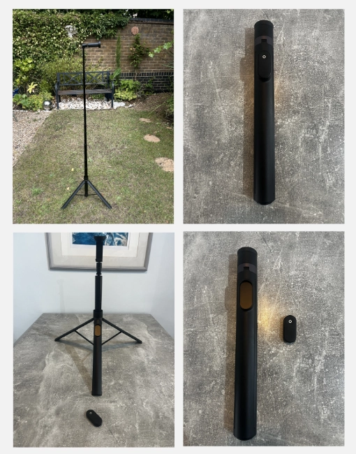 Selfie stick tripod for DIY home photoshoots, showing height, compact fold, tripod legs and magnetic Bluetooth remote.