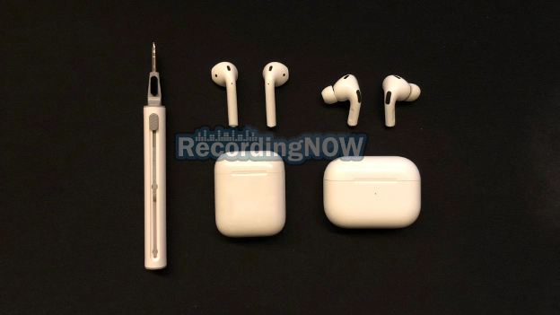 AirPods and AirPods Pro next to cleaning tool