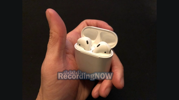 Hand holding AirPods 2 in charging case