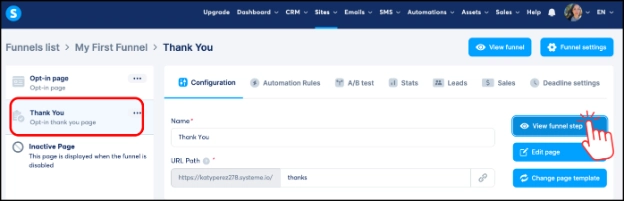 Previewing the thank-you page in Systeme.io