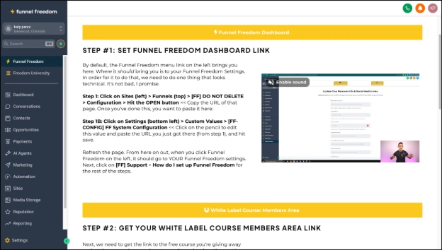 Funnel freedom setup steps dashboard
