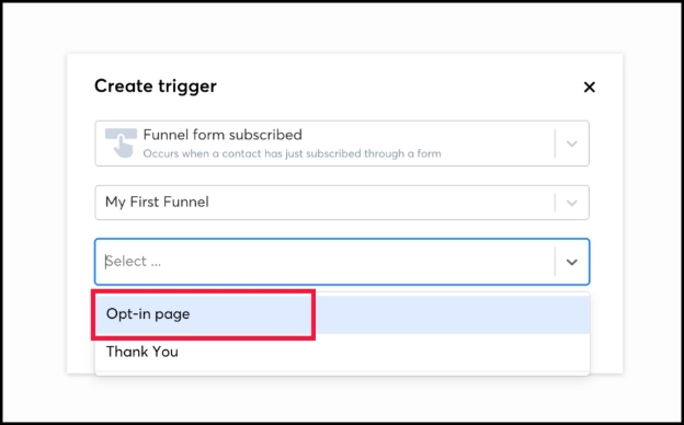 Selecting the opt-in page for the trigger in a Systeme.io workflow