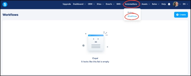 Navigating to the Workflows tab in Systeme.io