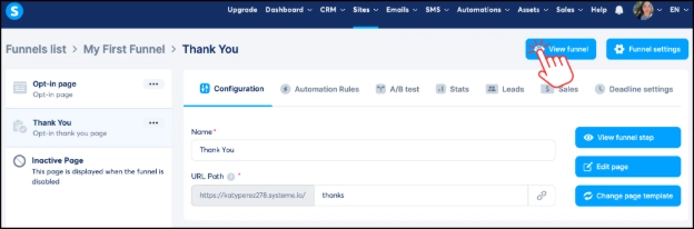 Clicking View Funnel in Systeme.io