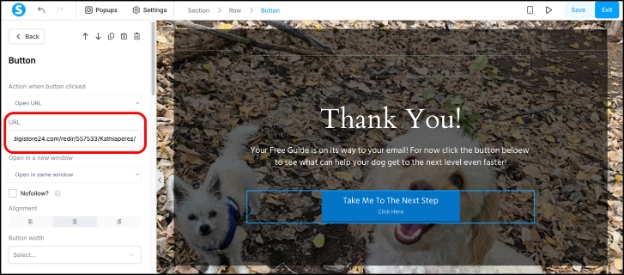 Pasting an affiliate link into the button URL field in Systeme.io