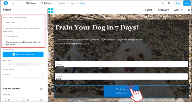 Adjusting button settings in Systeme.io funnel builder