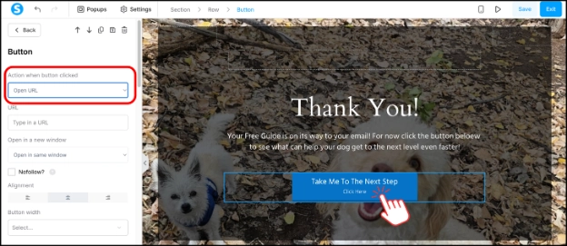 Selecting Open URL as the button action in Systeme.io