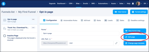 Editing the opt in page in Systeme.io