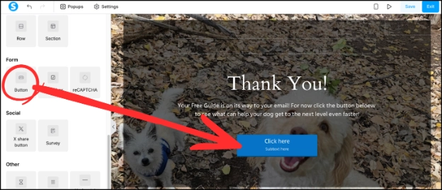 Dragging a Button onto a Thank You page in Systeme.io